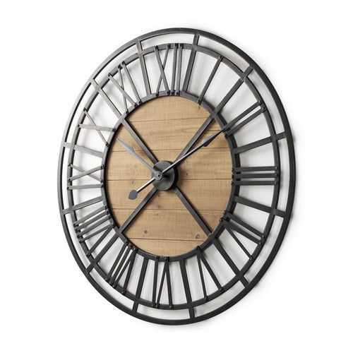 42" Black And Natural Iron And Wood Analog Round Wall Clock  Warm Home View