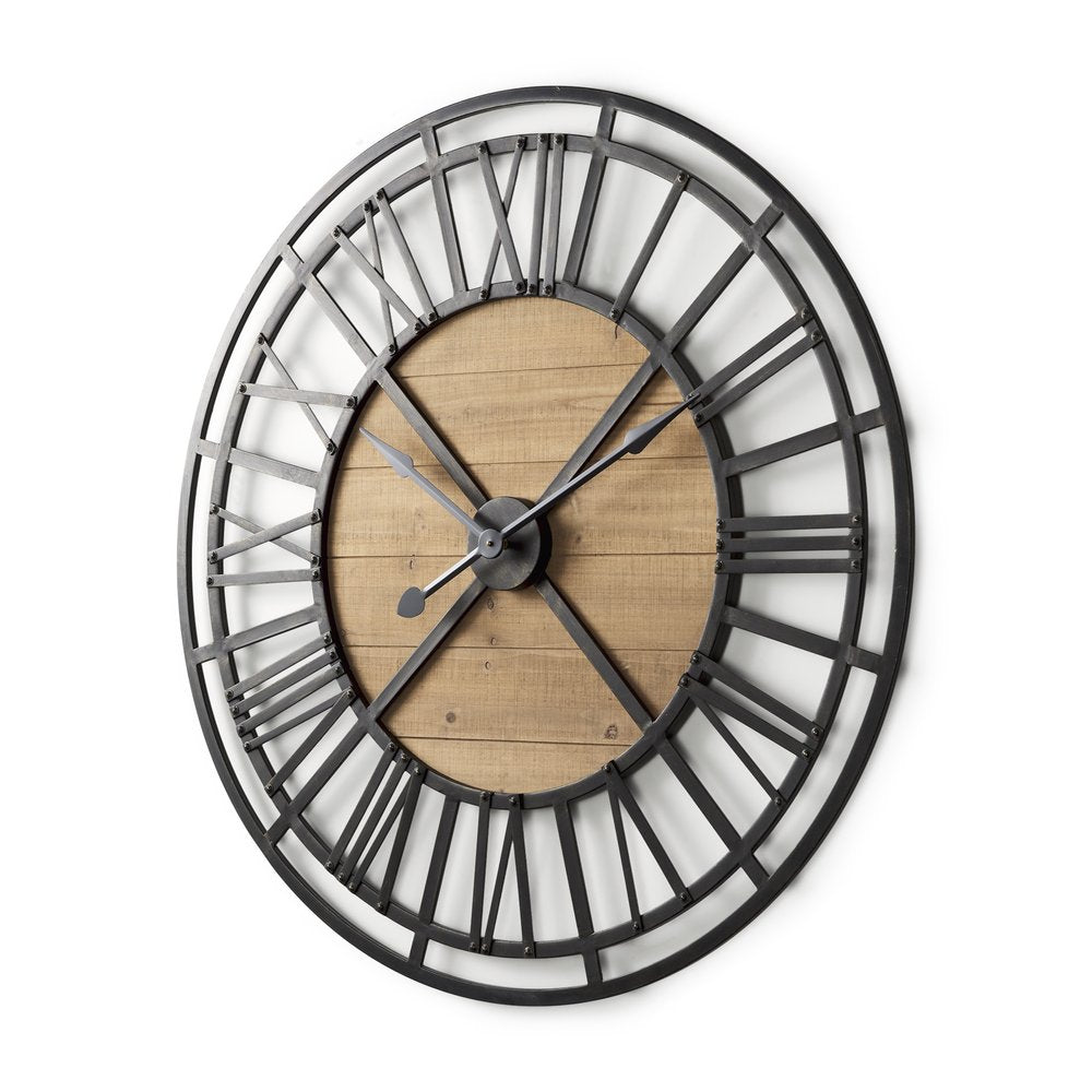 42" Black And Natural Iron And Wood Analog Round Wall Clock  Warm Home View