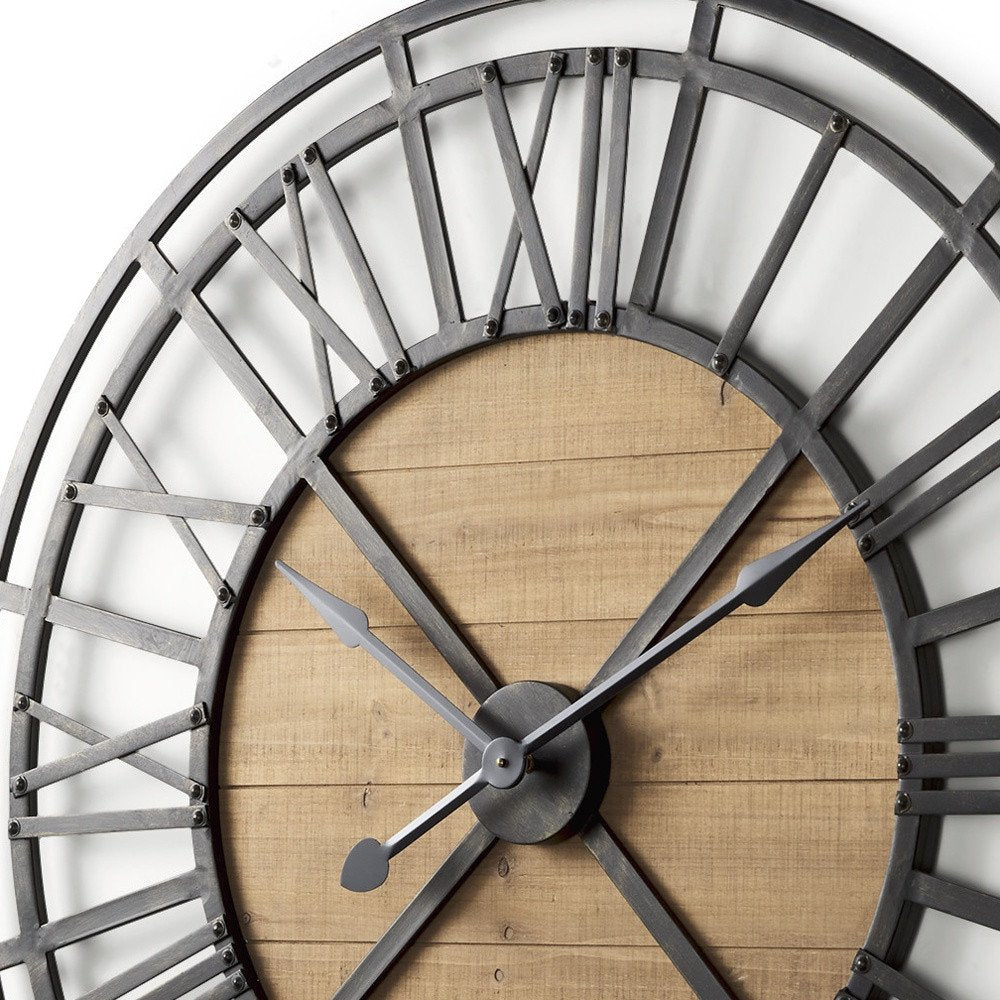 42" Black And Natural Iron And Wood Analog Round Wall Clock  Warm Home View