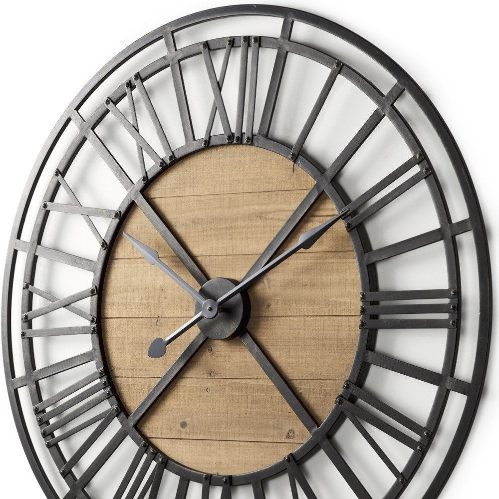 42" Black And Natural Iron And Wood Analog Round Wall Clock  Warm Home View