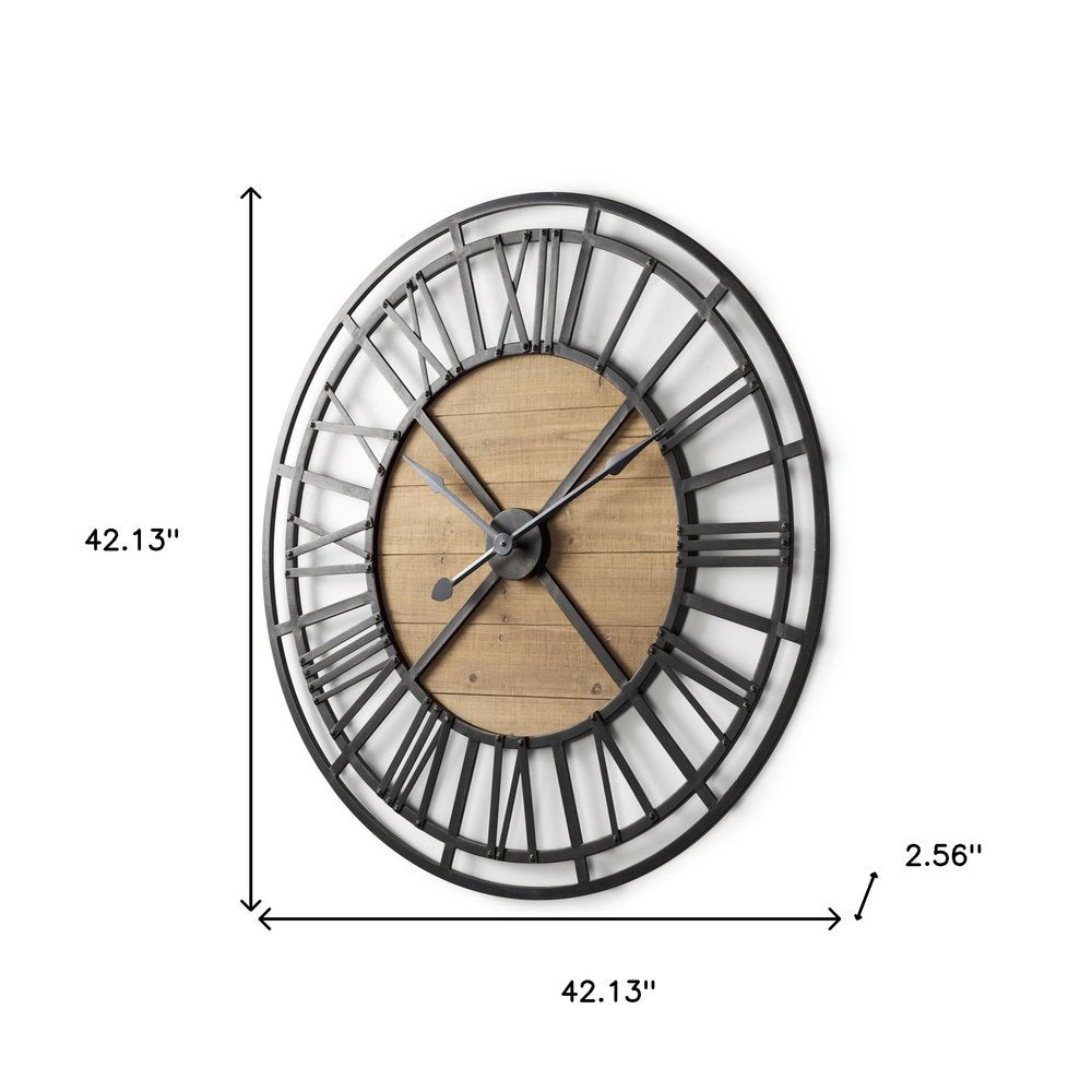 42" Black And Natural Iron And Wood Analog Round Wall Clock  Warm Home View