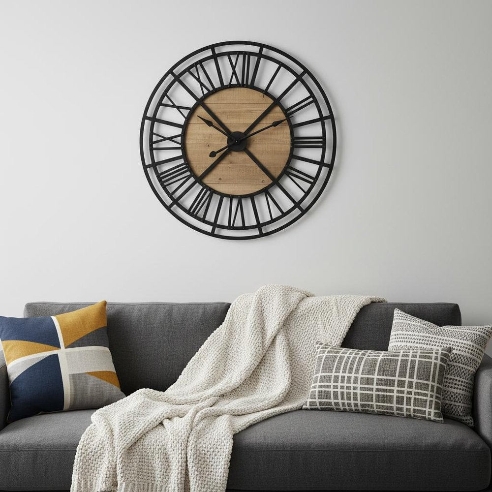 42" Black And Natural Iron And Wood Analog Round Wall Clock  Warm Home View