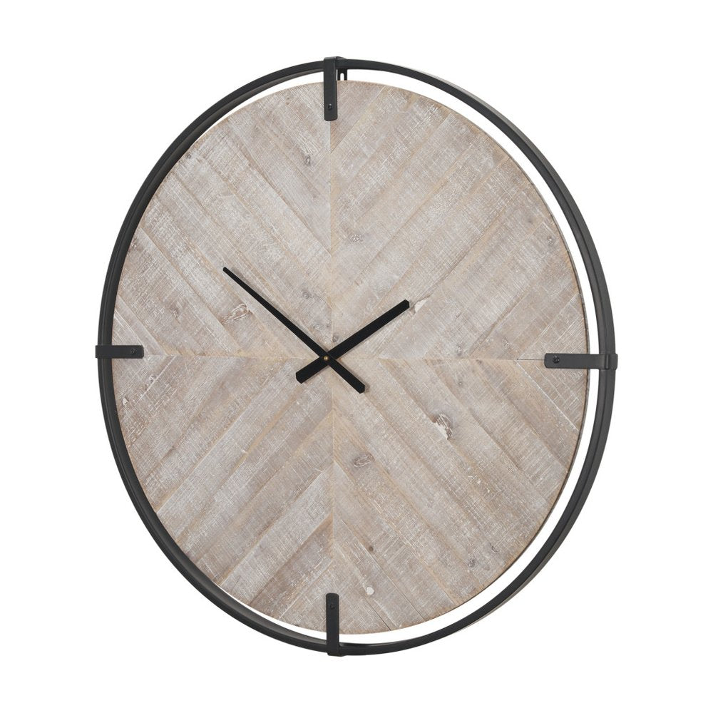 33" Black And Natural Metal And Solid Wood Analog Distressed Round Wall Clock  Warm Home View