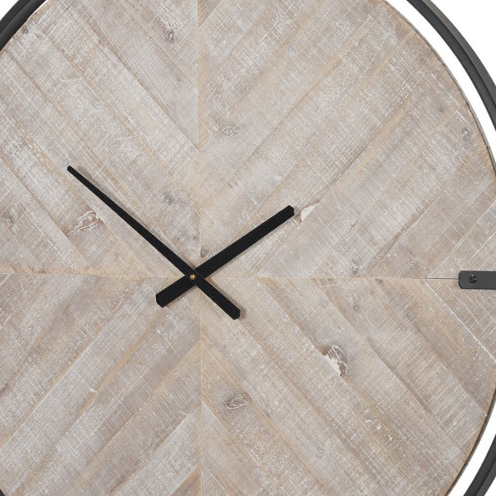 33" Black And Natural Metal And Solid Wood Analog Distressed Round Wall Clock  Warm Home View