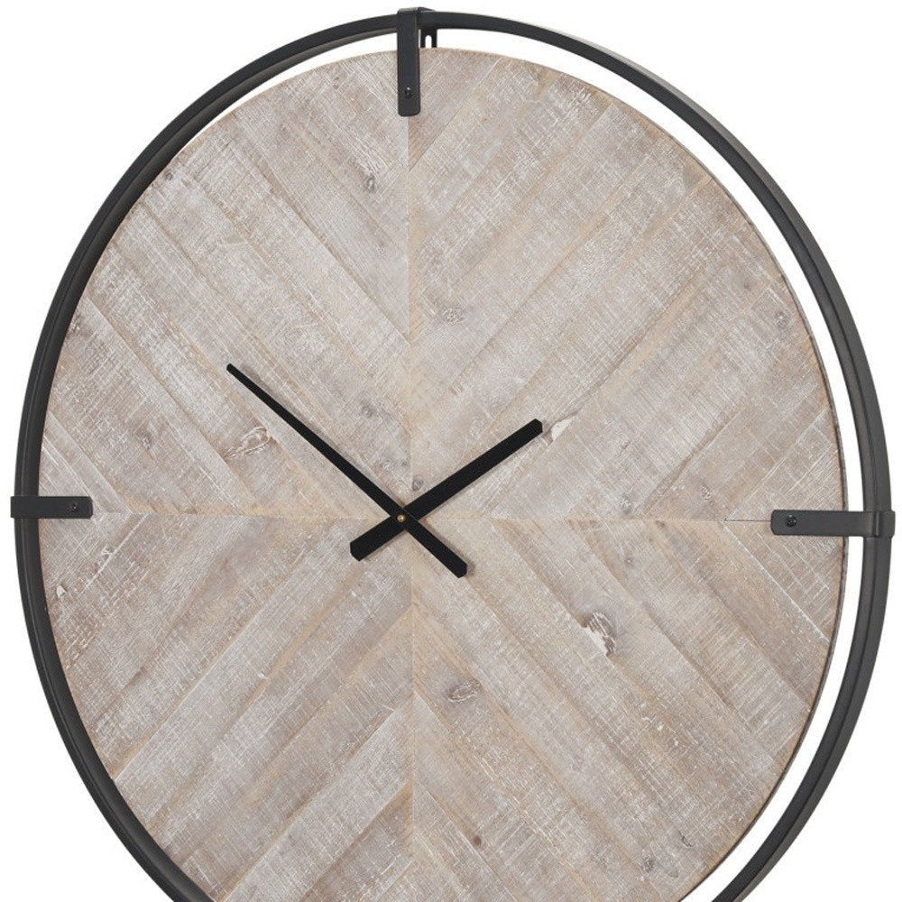 33" Black And Natural Metal And Solid Wood Analog Distressed Round Wall Clock  Warm Home View
