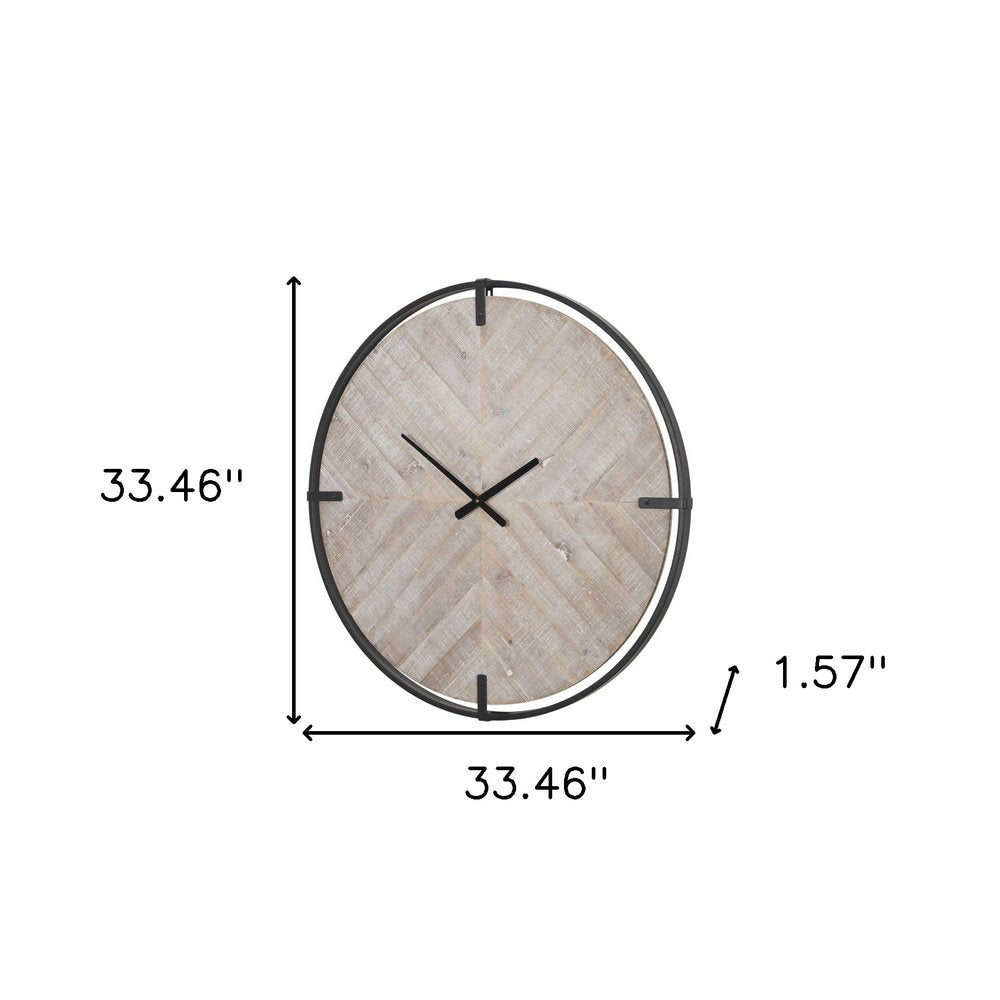 33" Black And Natural Metal And Solid Wood Analog Distressed Round Wall Clock  Warm Home View