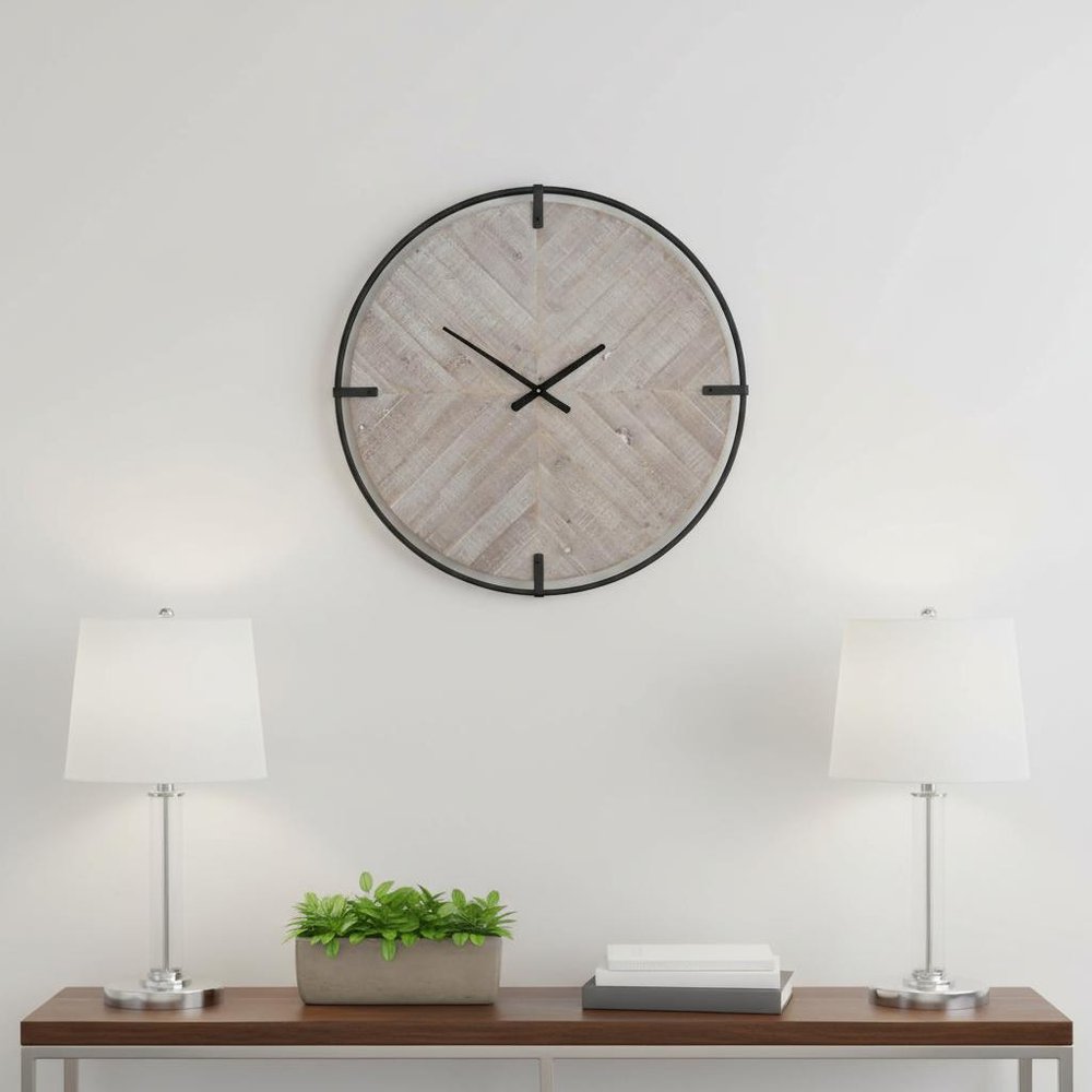 33" Black And Natural Metal And Solid Wood Analog Distressed Round Wall Clock  Warm Home View