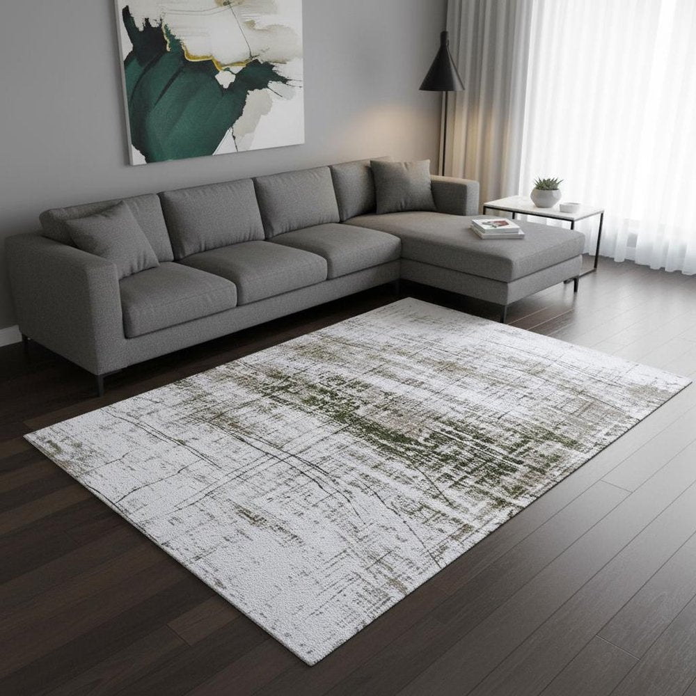 9' X 13' White Gray And Green Abstract Washable Area Rug With UV Protection  Warm Home View