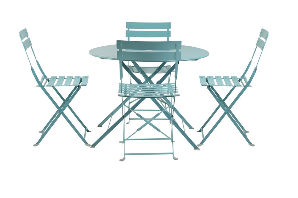 Five Piece Teal Blue Round Metal Dining Set with Four Chairs  Warm Home View
