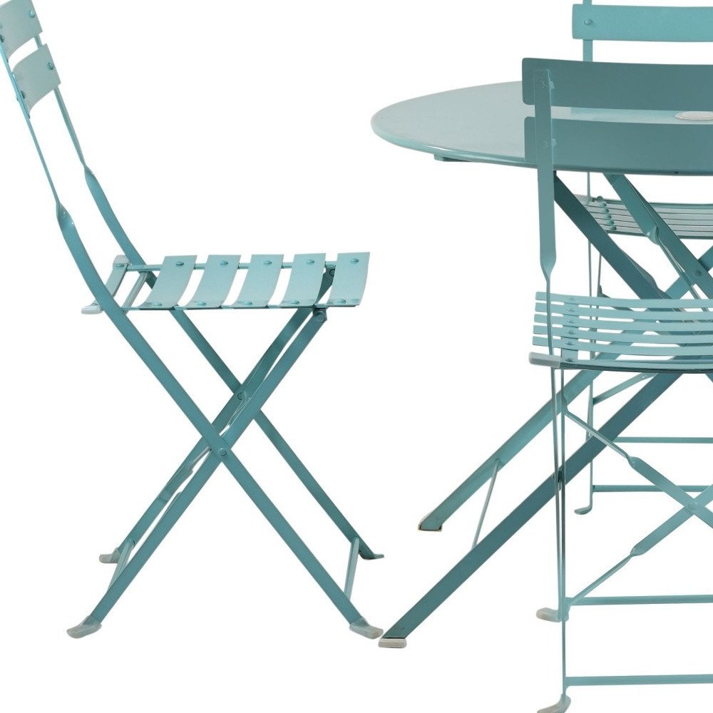Five Piece Teal Blue Round Metal Dining Set with Four Chairs  Warm Home View