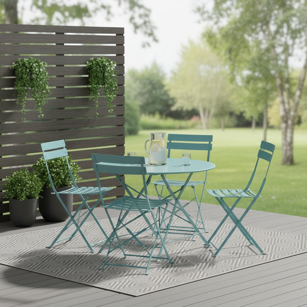 Five Piece Teal Blue Round Metal Dining Set with Four Chairs  Warm Home View
