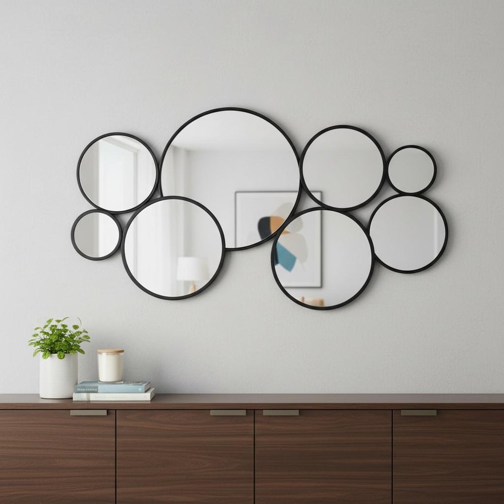Set Of Eight Black Metal Round Cojoined Accent Mirrors  Warm Home View