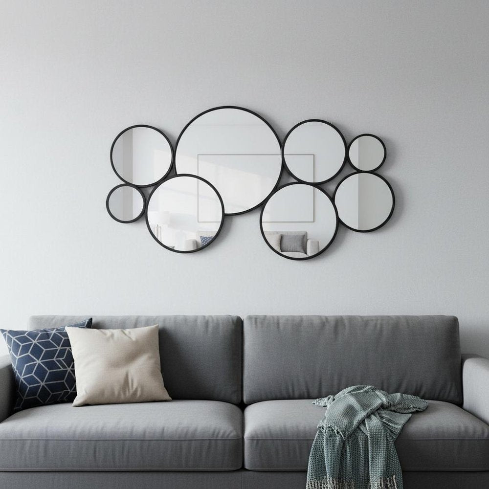 Set Of Eight Black Metal Round Cojoined Accent Mirrors  Warm Home View