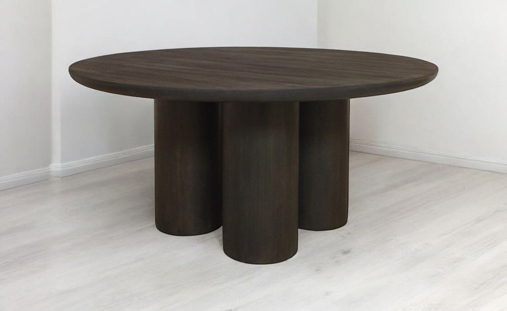 Seven Piece Dark Brown Round Solid Wood Dining Set with Six Chairs  Warm Home View