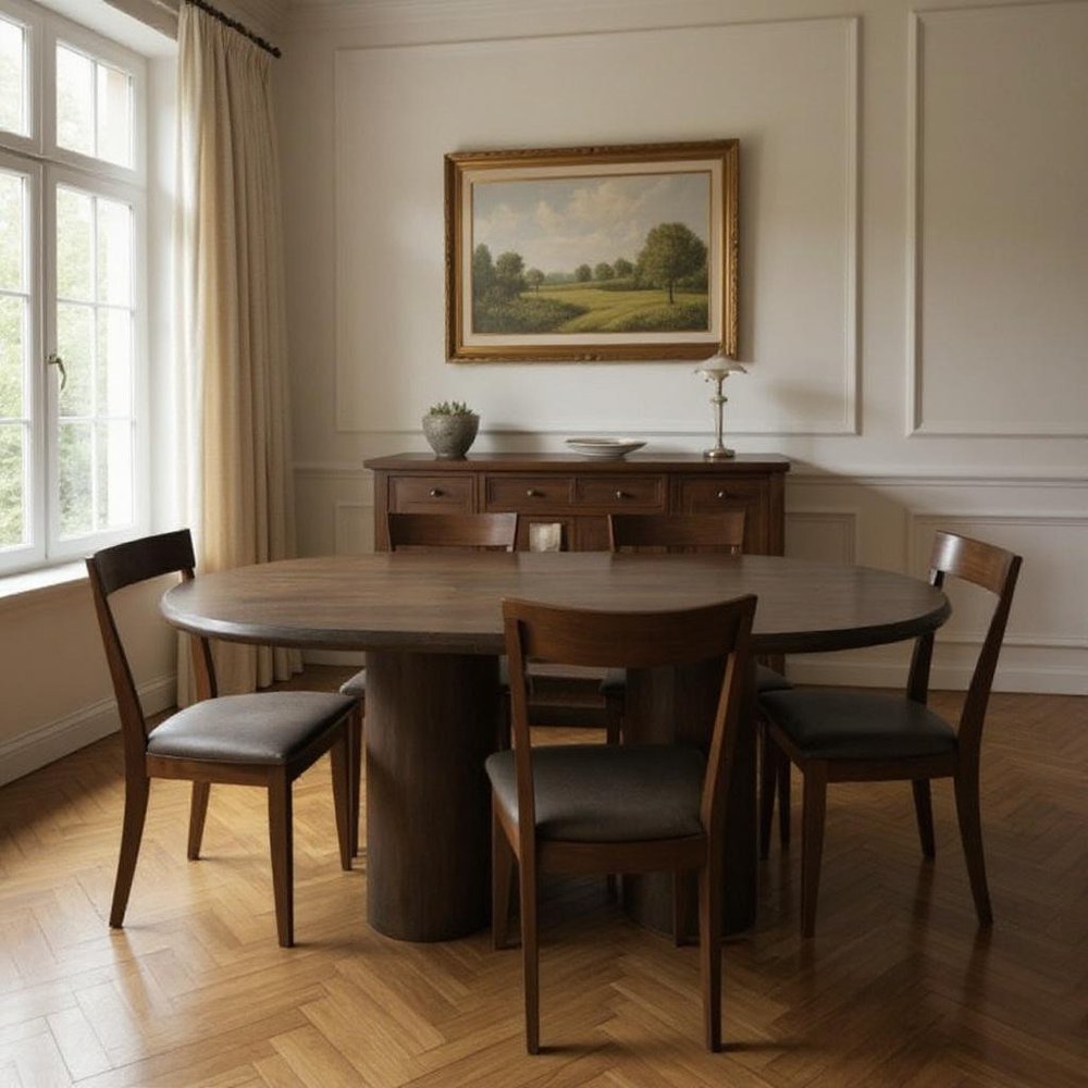 Seven Piece Dark Brown Round Solid Wood Dining Set with Six Chairs  Warm Home View