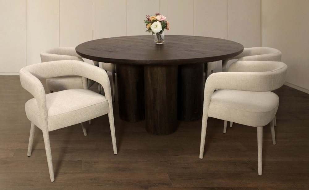 Seven Piece Dark Brown Round Solid Wood Dining Set with Six Chairs  Warm Home View