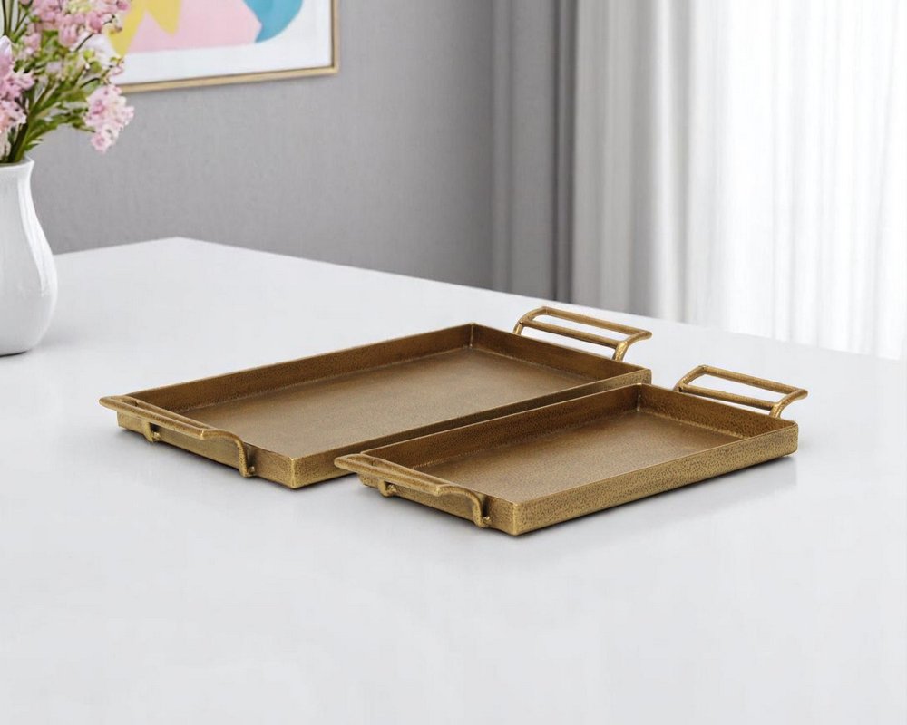 Set of Two Gold Cast Iron Handmade Vanity Trays With Handles  Warm Home View