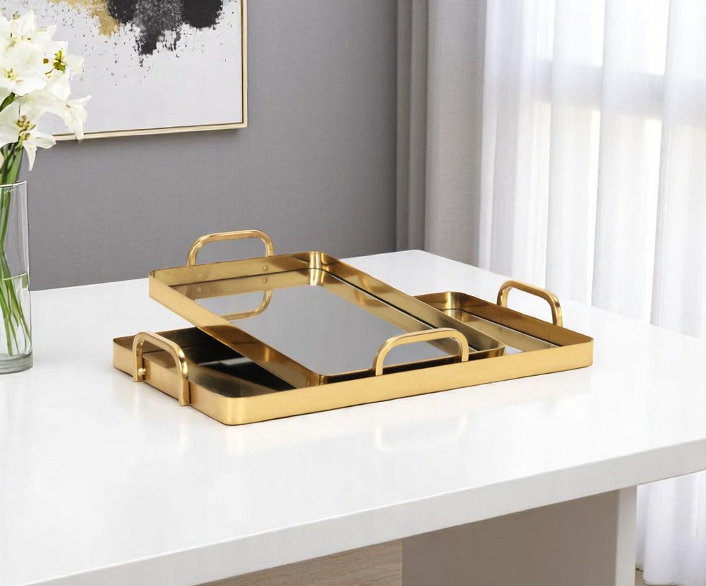 Set of Two Gold And Mirrored Glass Handmade Serving Trays  Warm Home View