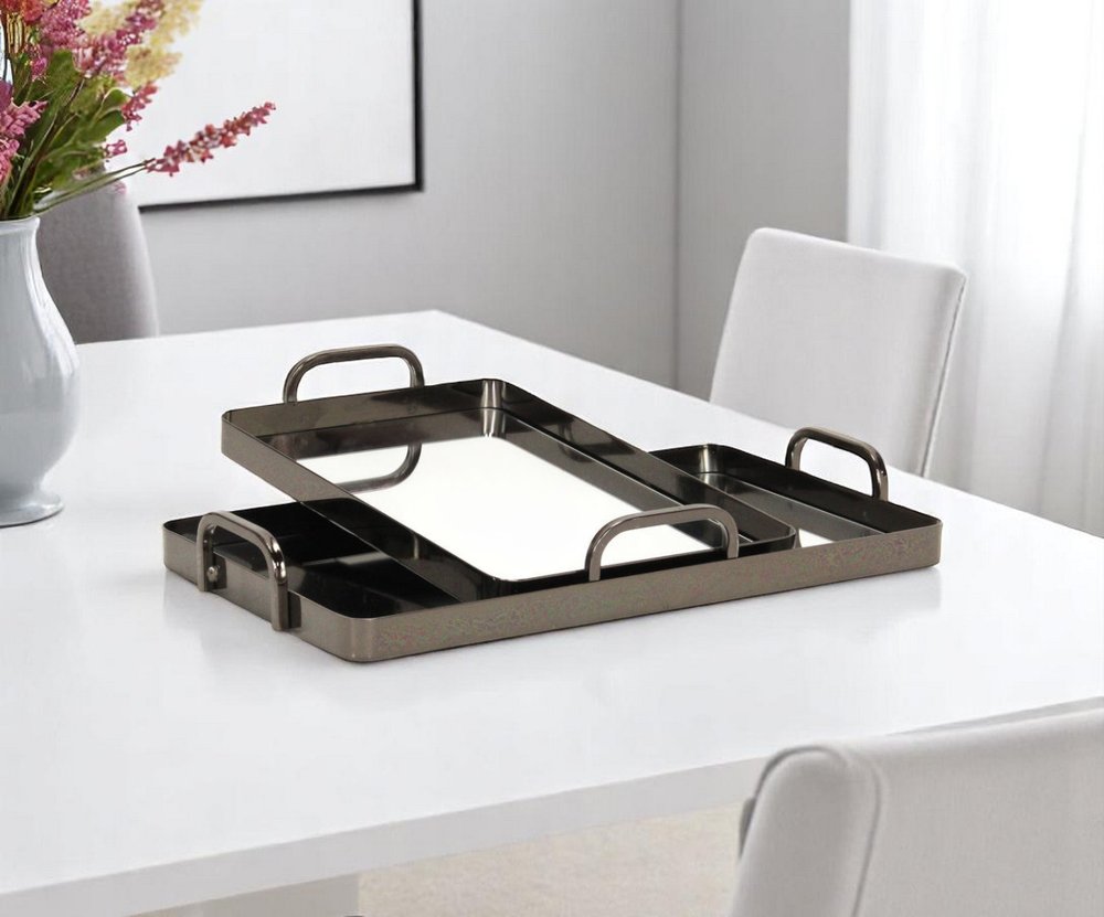 Set of Two Pewter Aluminum And Mirrored Glass Handmade Serving Trays  Warm Home View