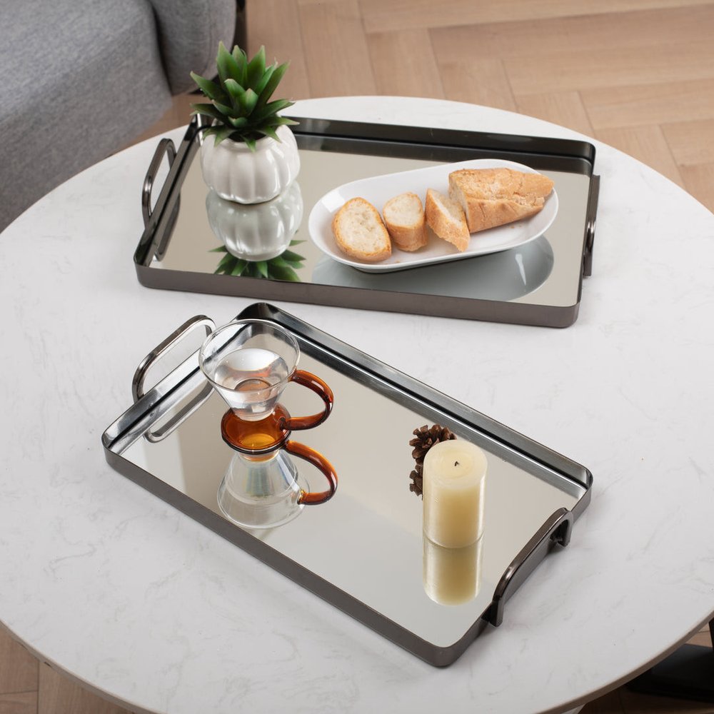 Set of Two Pewter Aluminum And Mirrored Glass Handmade Serving Trays  Warm Home View