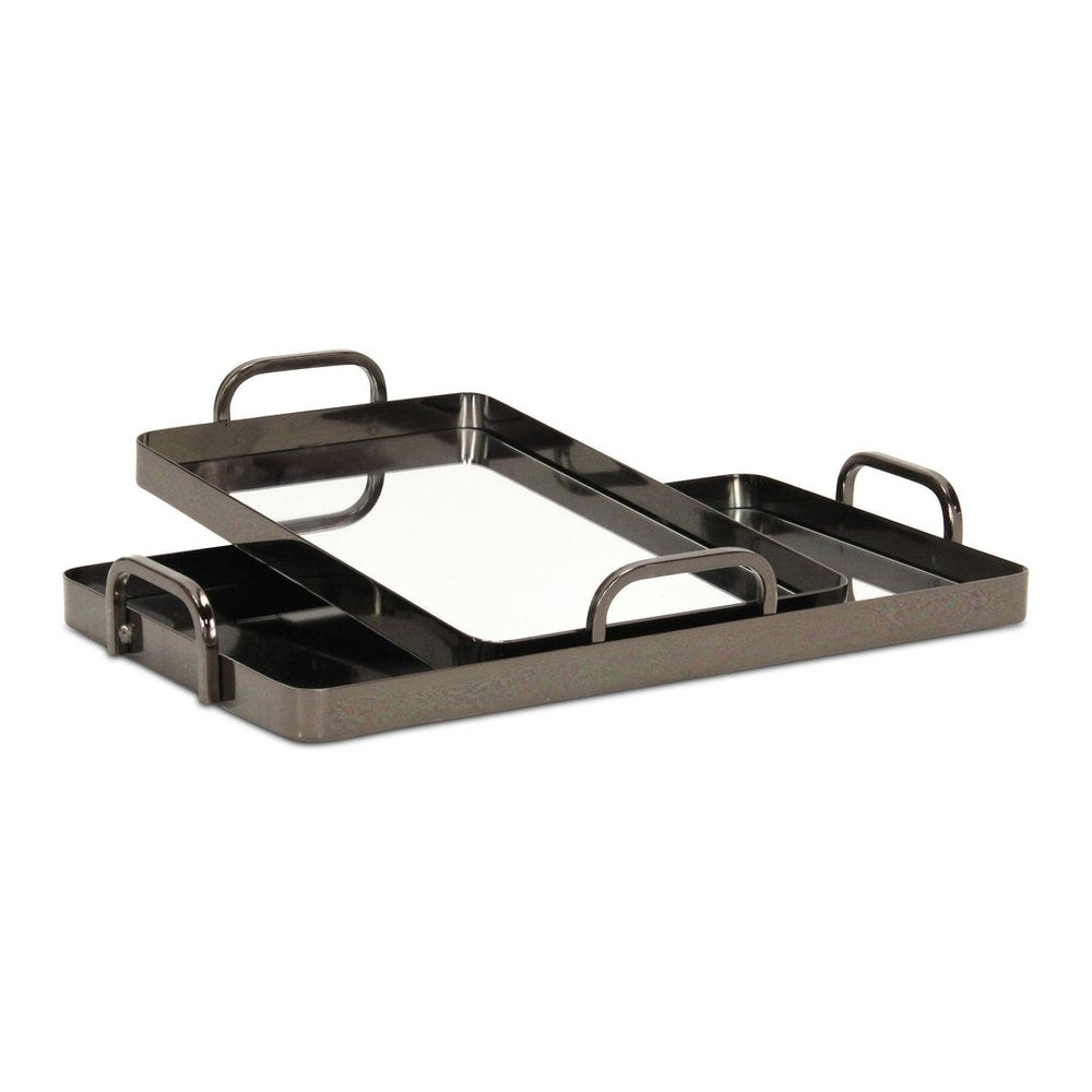 Set of Two Pewter Aluminum And Mirrored Glass Handmade Serving Trays  Warm Home View
