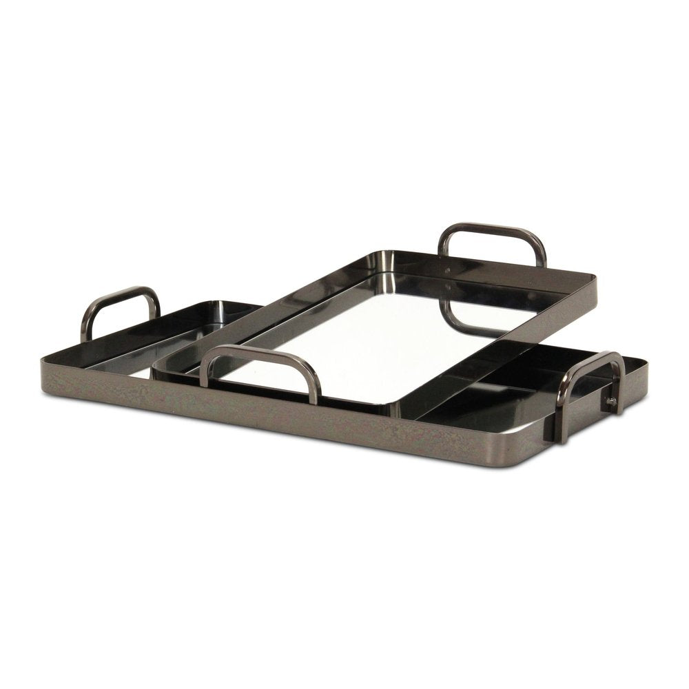 Set of Two Pewter Aluminum And Mirrored Glass Handmade Serving Trays  Warm Home View