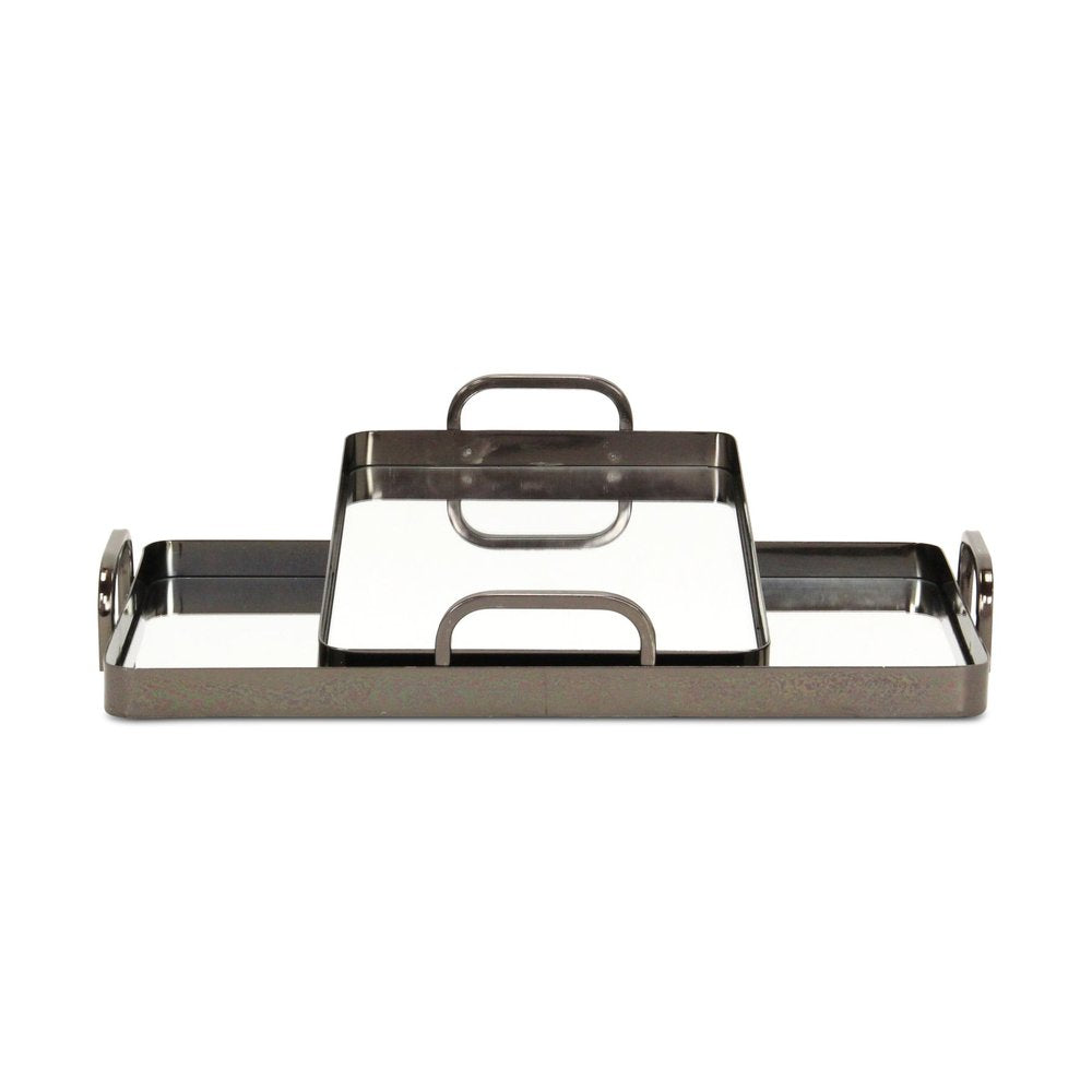 Set of Two Pewter Aluminum And Mirrored Glass Handmade Serving Trays  Warm Home View