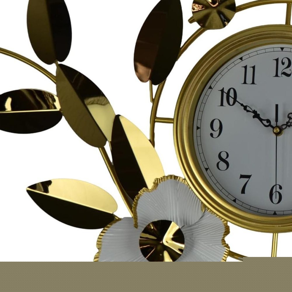 40" Gold And White Metal Silent Analog Floral Novelty Wall Clock  Warm Home View