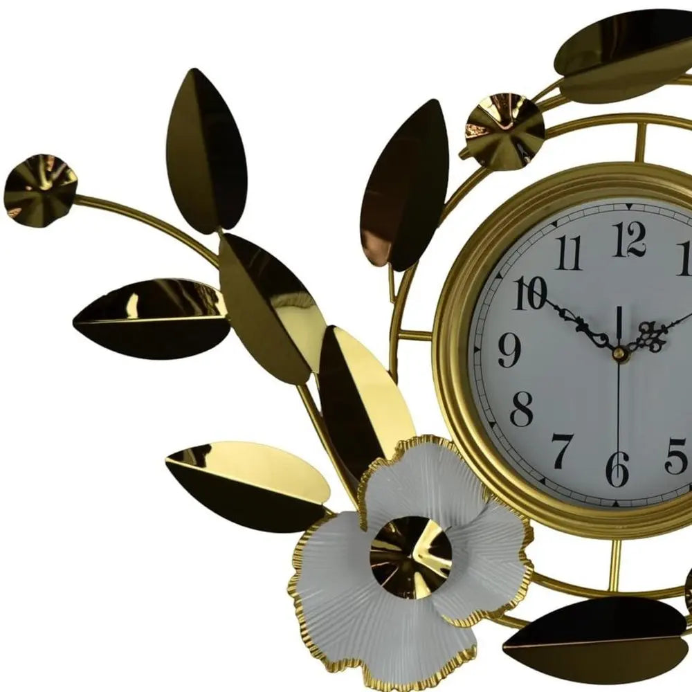 40" Gold And White Metal Silent Analog Floral Novelty Wall Clock  Warm Home View