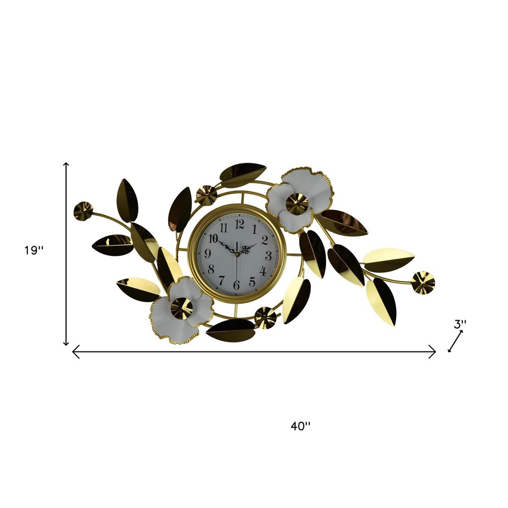 40" Gold And White Metal Silent Analog Floral Novelty Wall Clock  Warm Home View