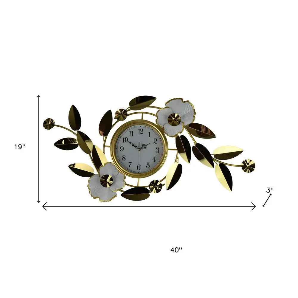 40" Gold And White Metal Silent Analog Floral Novelty Wall Clock  Warm Home View