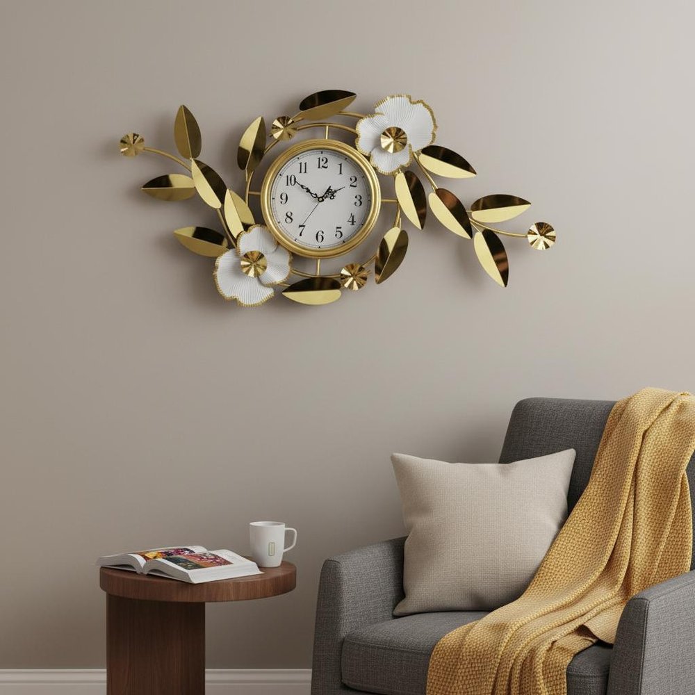 40" Gold And White Metal Silent Analog Floral Novelty Wall Clock  Warm Home View