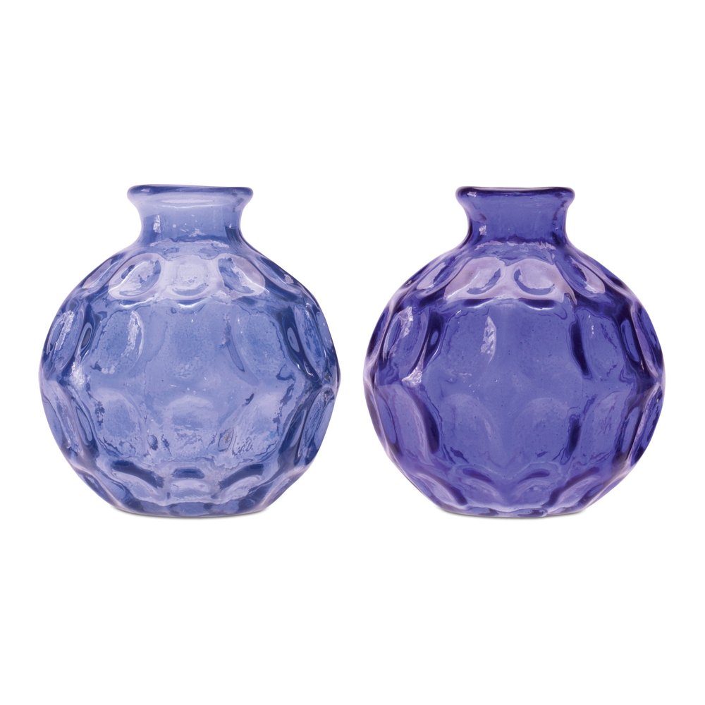 Set of Two Blue Glass Round Table Vases  Warm Home View
