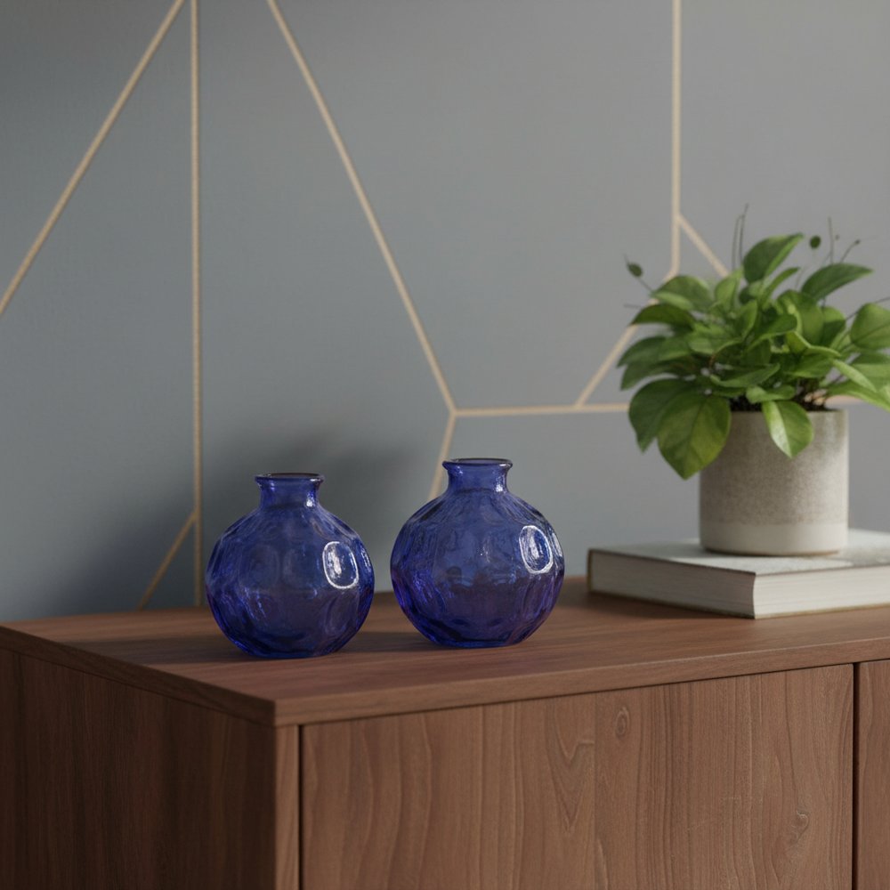 Set of Two Blue Glass Round Table Vases  Warm Home View