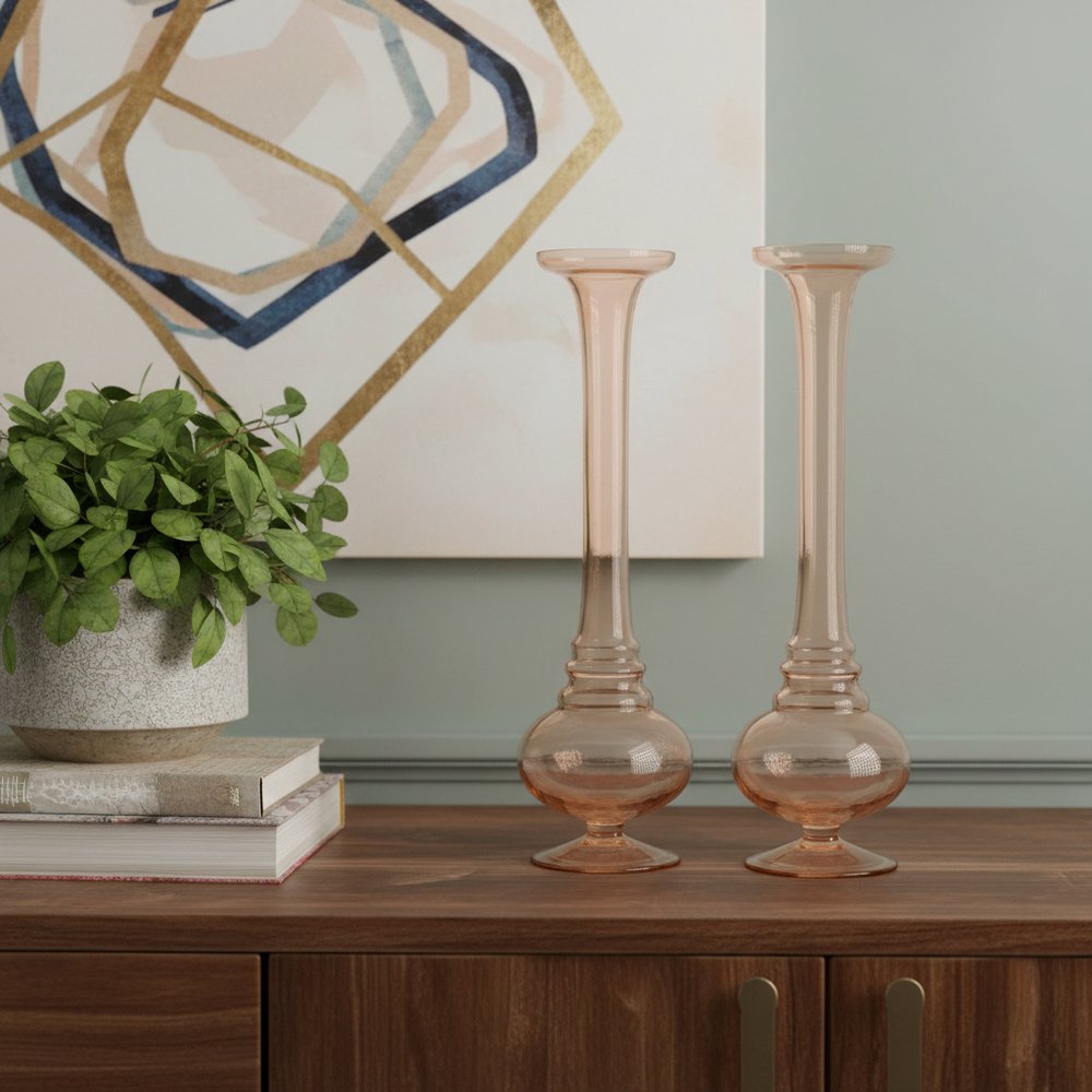 Set of Two 11" Pink Glass Trumpet Table Vases  Warm Home View