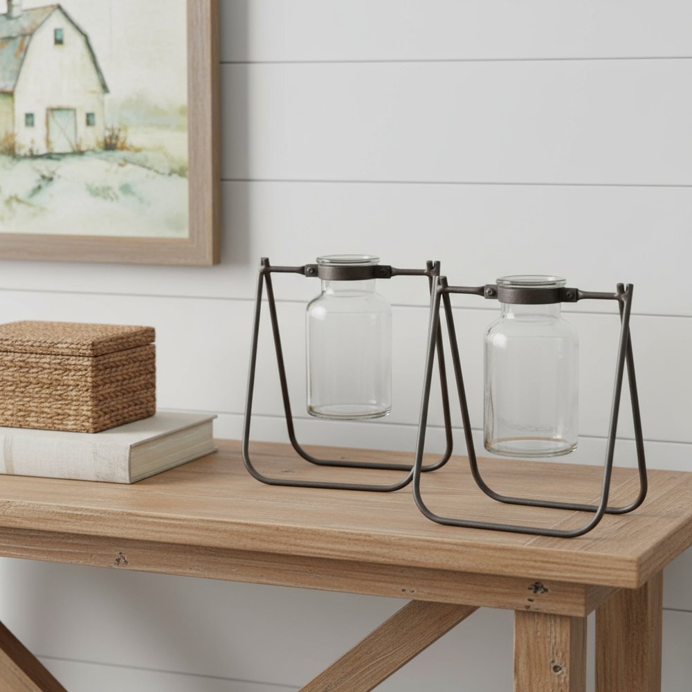 Set of Two Clear And Brown Glass And Metal Round Table Vases  Warm Home View