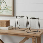 Set of Two Clear And Brown Glass And Metal Round Table Vases  Warm Home View