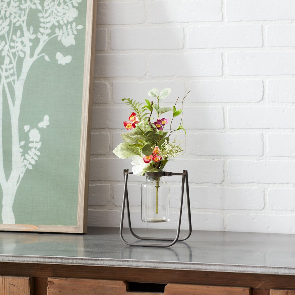Set of Two Clear And Brown Glass And Metal Round Table Vases  Warm Home View
