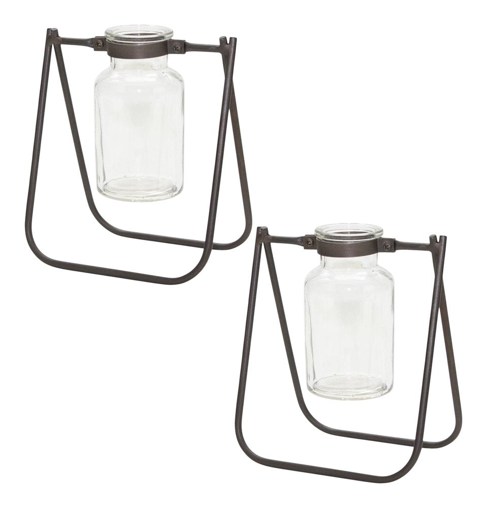 Set of Two Clear And Brown Glass And Metal Round Table Vases  Warm Home View