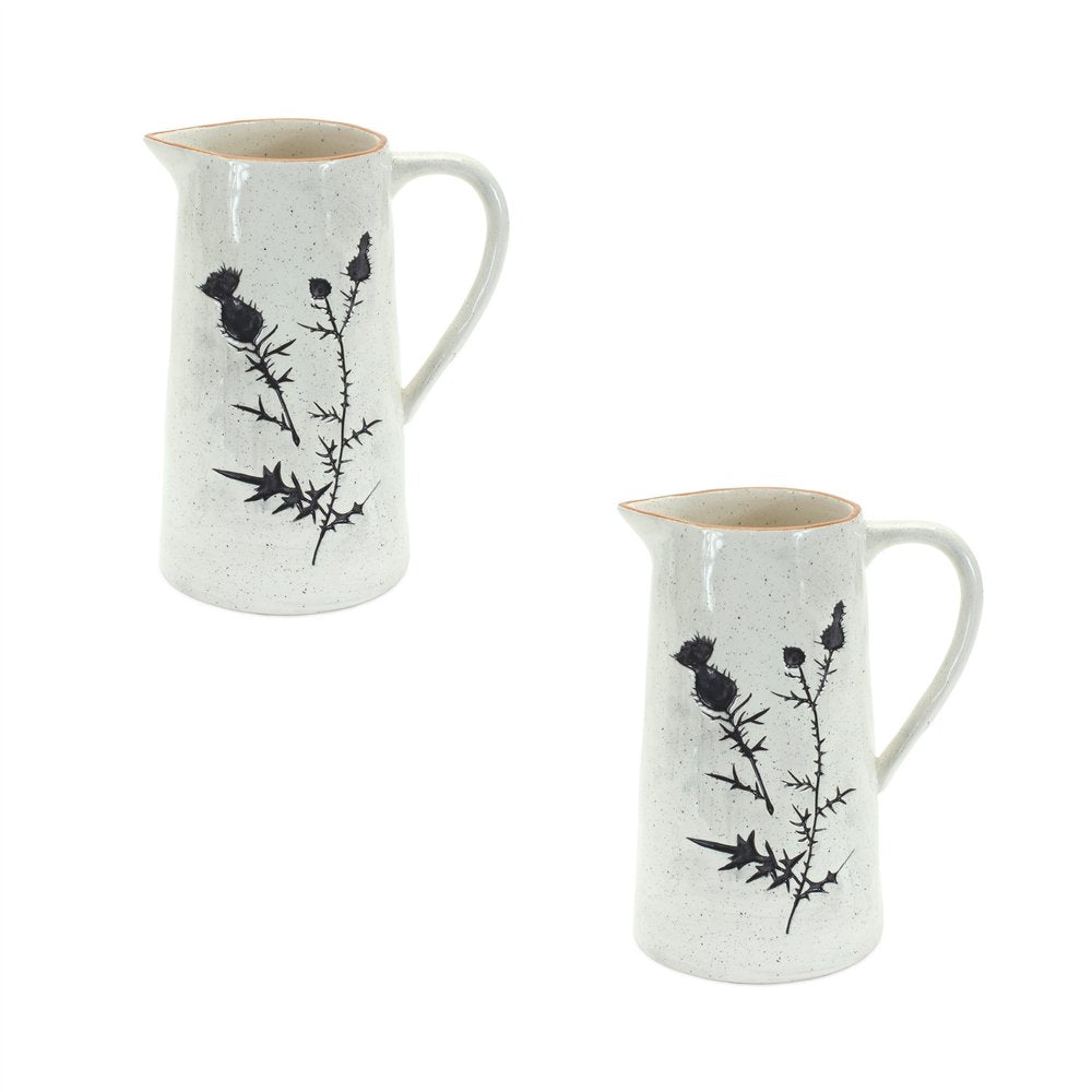 Set of Two Black And Off White Floral Ceramic Cylinder Pitcher Vase  Warm Home View