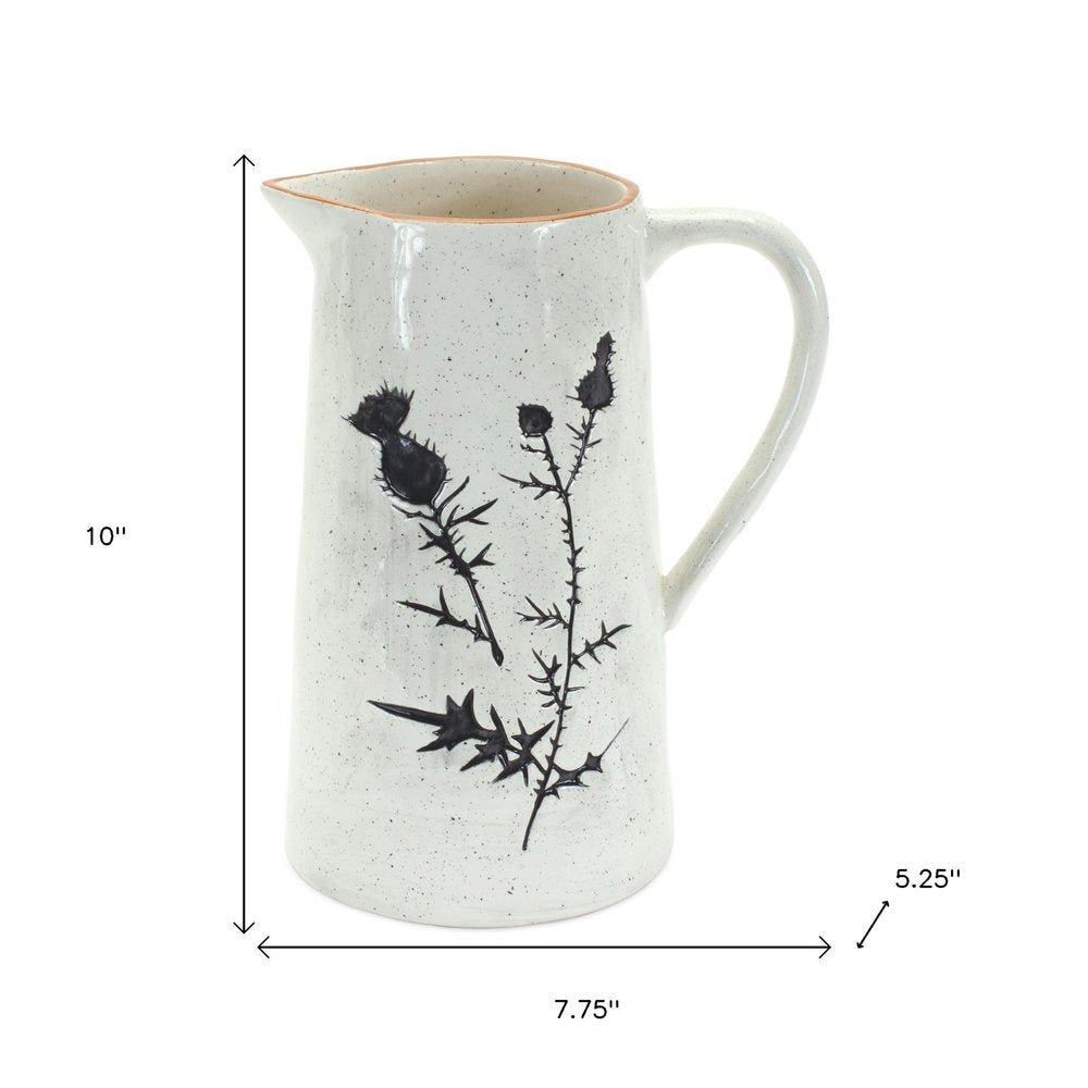 Set of Two Black And Off White Floral Ceramic Cylinder Pitcher Vase  Warm Home View