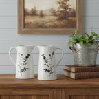 Set of Two Black And Off White Floral Ceramic Cylinder Pitcher Vase  Warm Home View
