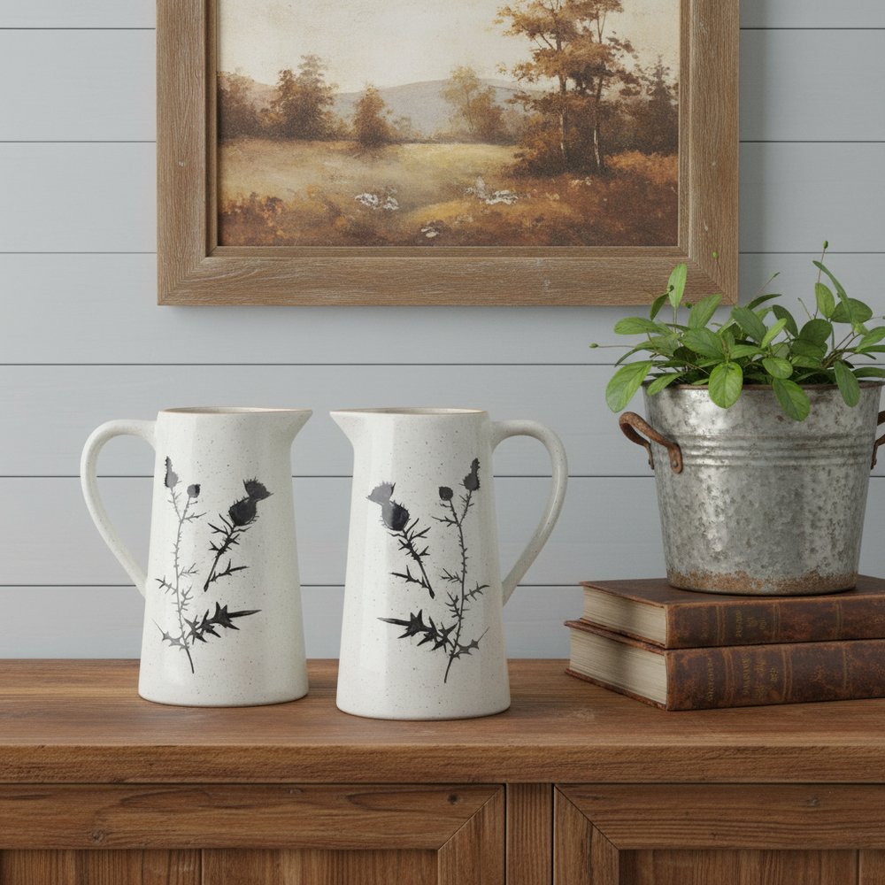 Set of Two Black And Off White Floral Ceramic Cylinder Pitcher Vase  Warm Home View