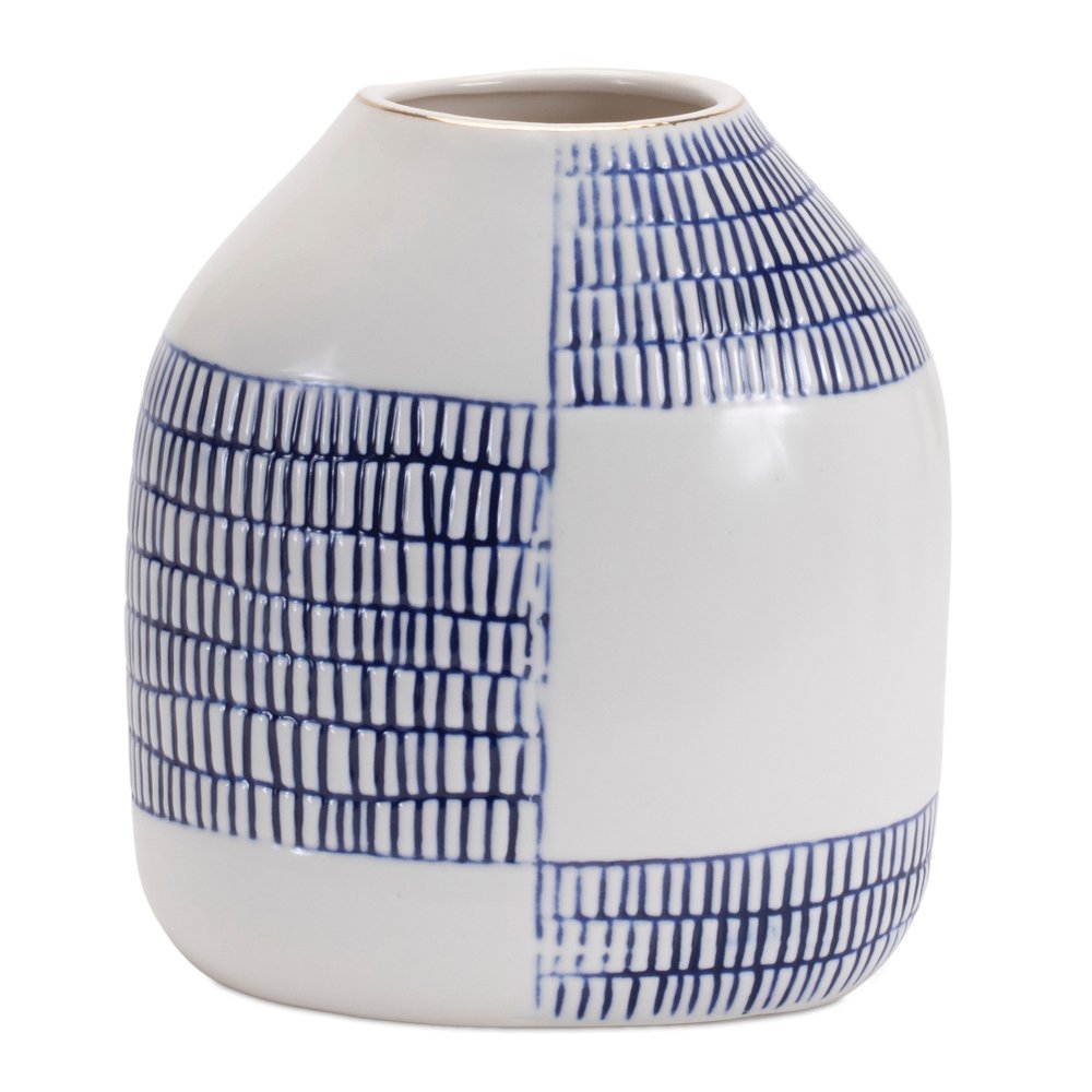 Set of Two Blue And White Checkered Ceramic Round Table Vases  Warm Home View