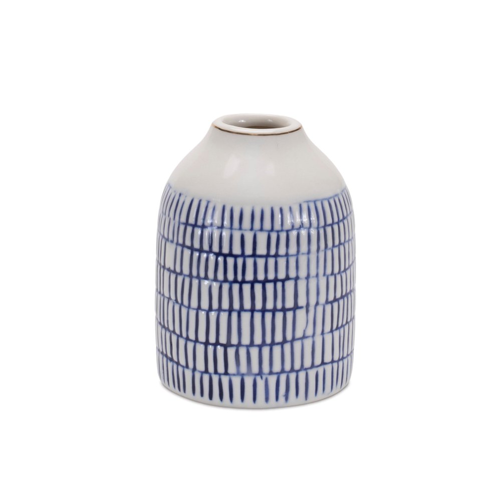 Set of Two Blue And White Checkered Ceramic Round Table Vases  Warm Home View