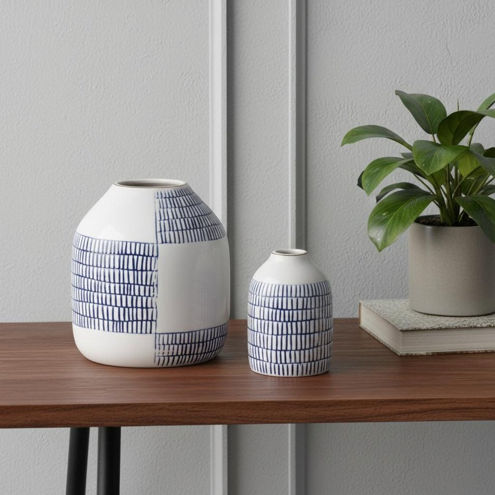 Set of Two Blue And White Checkered Ceramic Round Table Vases  Warm Home View