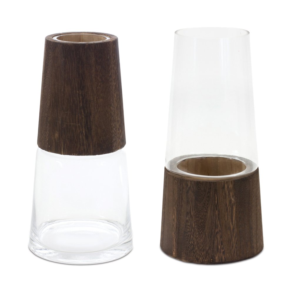 Set of Two Brown And Clear Glass Tapered Table Vases With Wood  Warm Home View