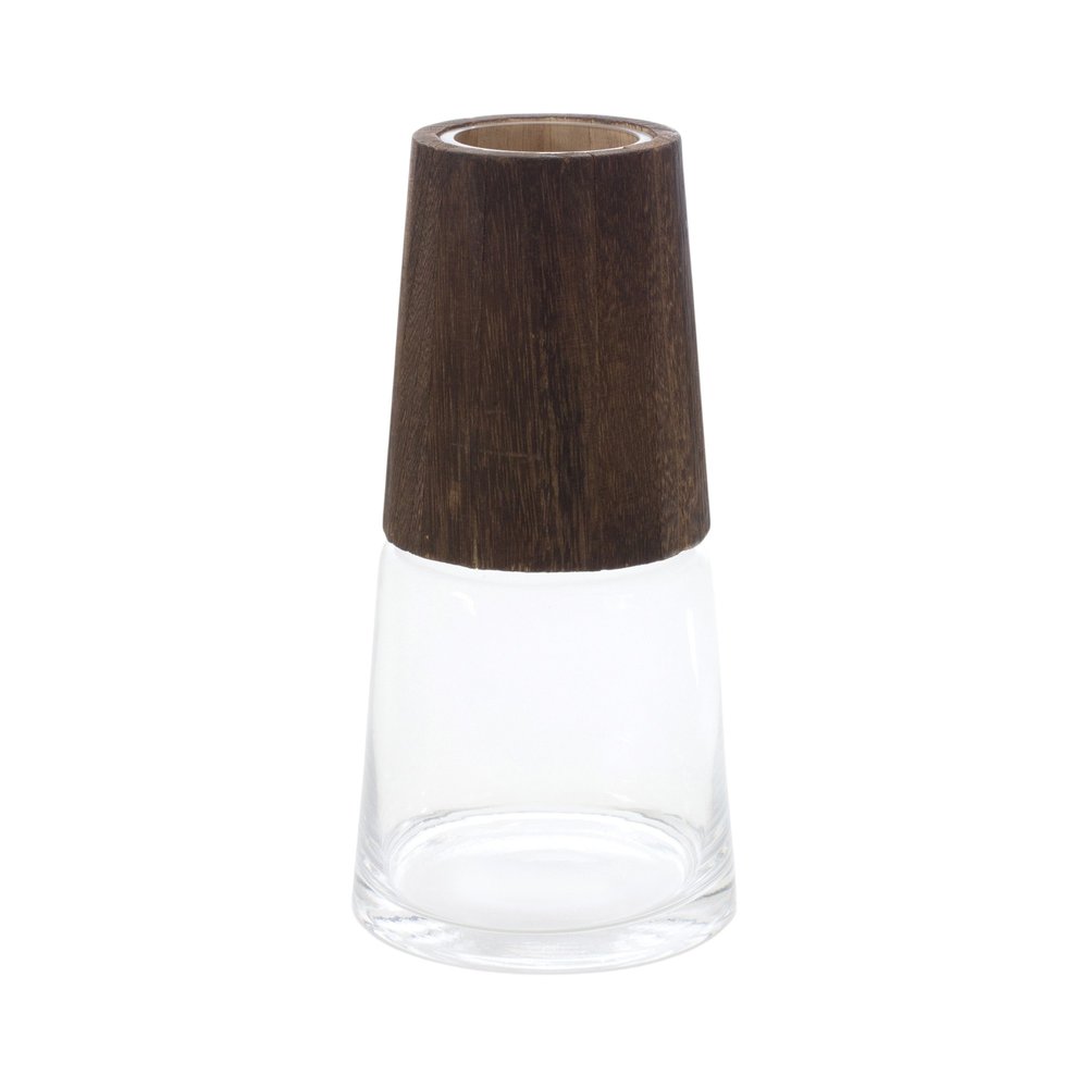 Set of Two Brown And Clear Glass Tapered Table Vases With Wood  Warm Home View