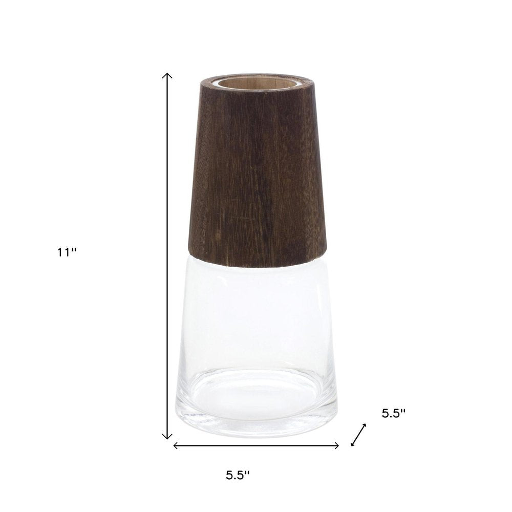 Set of Two Brown And Clear Glass Tapered Table Vases With Wood  Warm Home View