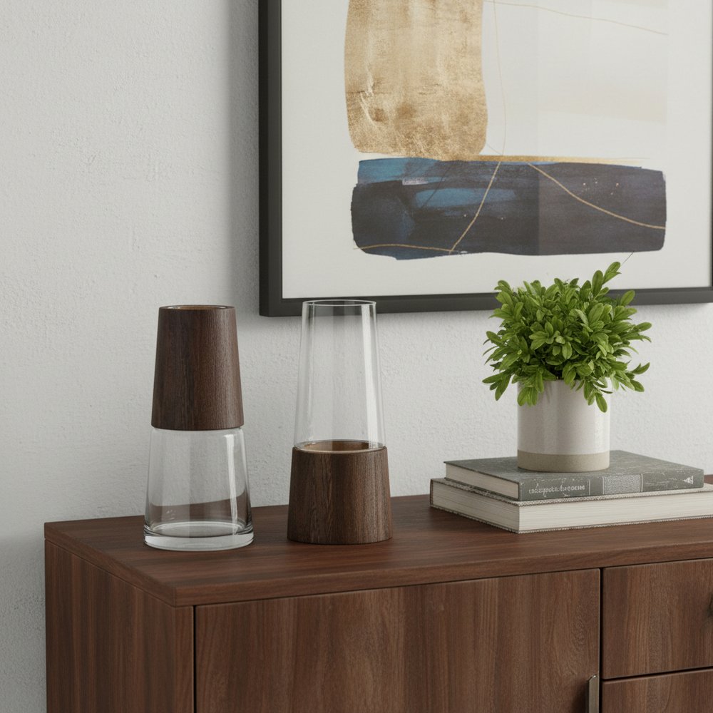 Set of Two Brown And Clear Glass Tapered Table Vases With Wood  Warm Home View